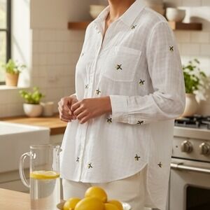 Lucky Brand Embroidered Lemon Print Cotton Button Down Shirt Size Large